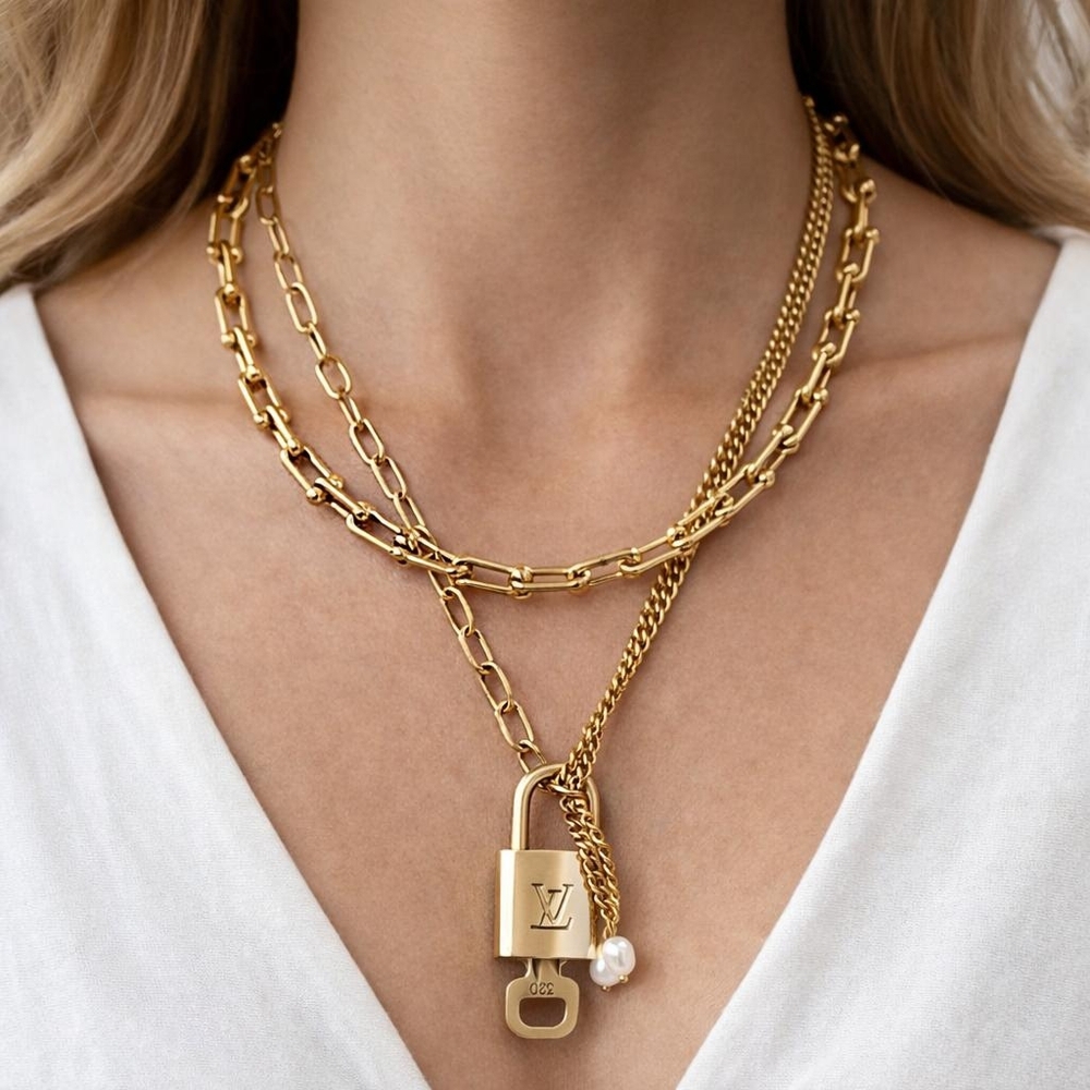 Authentic Louis Vuitton Gold Padlock w/ Unbranded Fashion Stainless Steel Chain